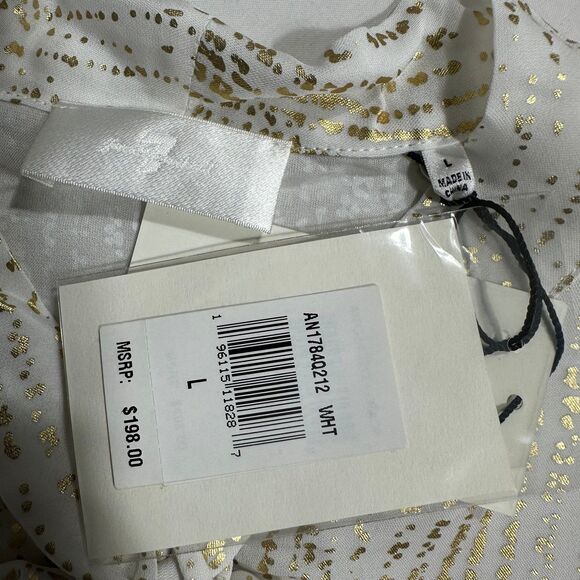 NWT 7 For All Mankind Silk Blend Tie Neck Blouse White Gold Button Down Sz Large - Picture 12 of 13